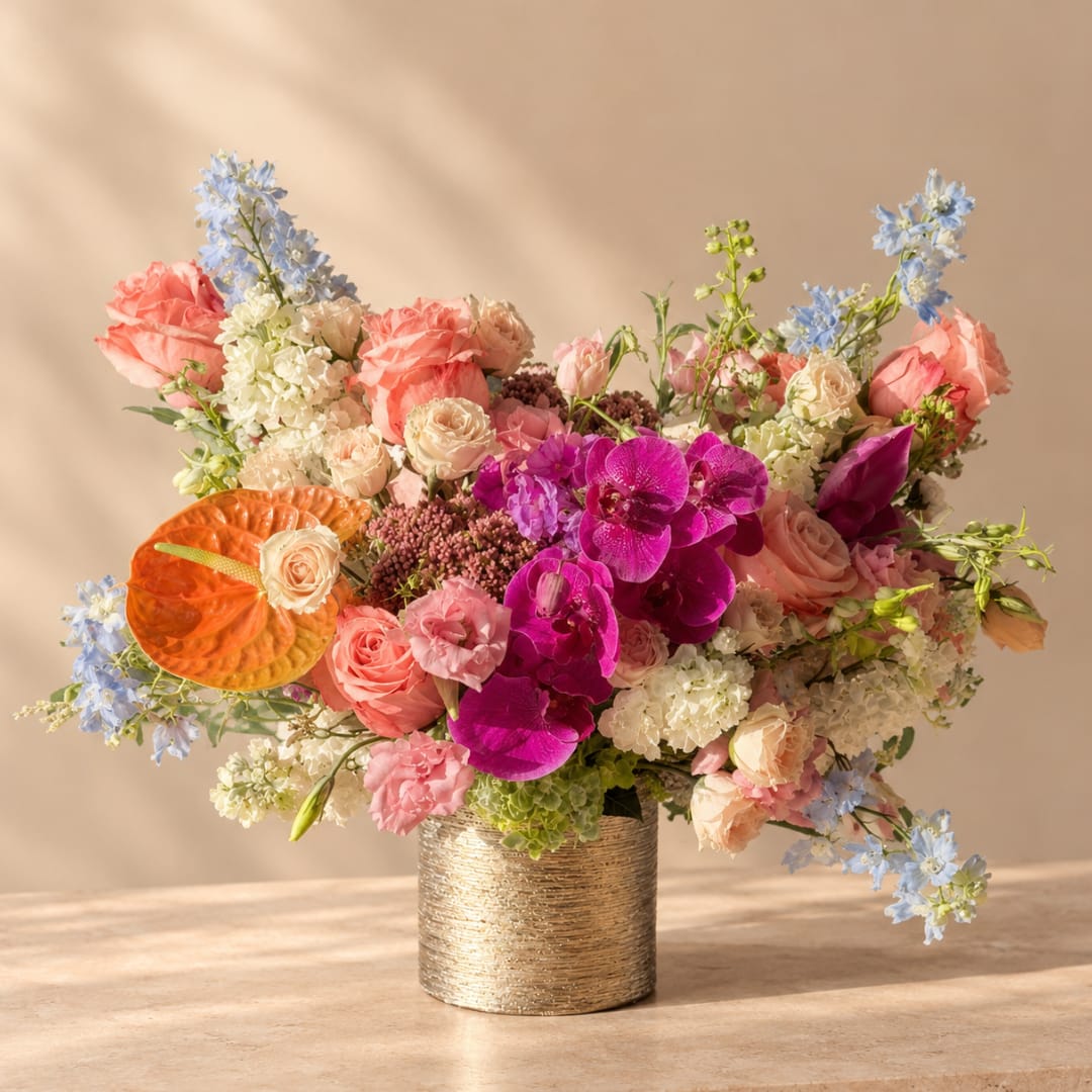 Mixed bouquet of pink roses, orchids, and blue flowers in a gold vase