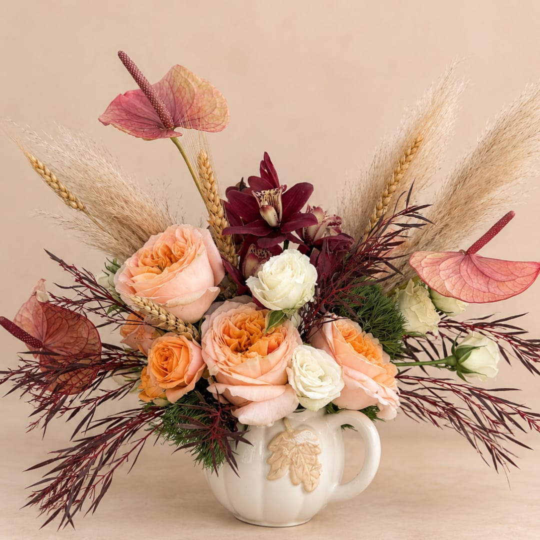Peach and white roses in a white ceramic mug with dried grasses