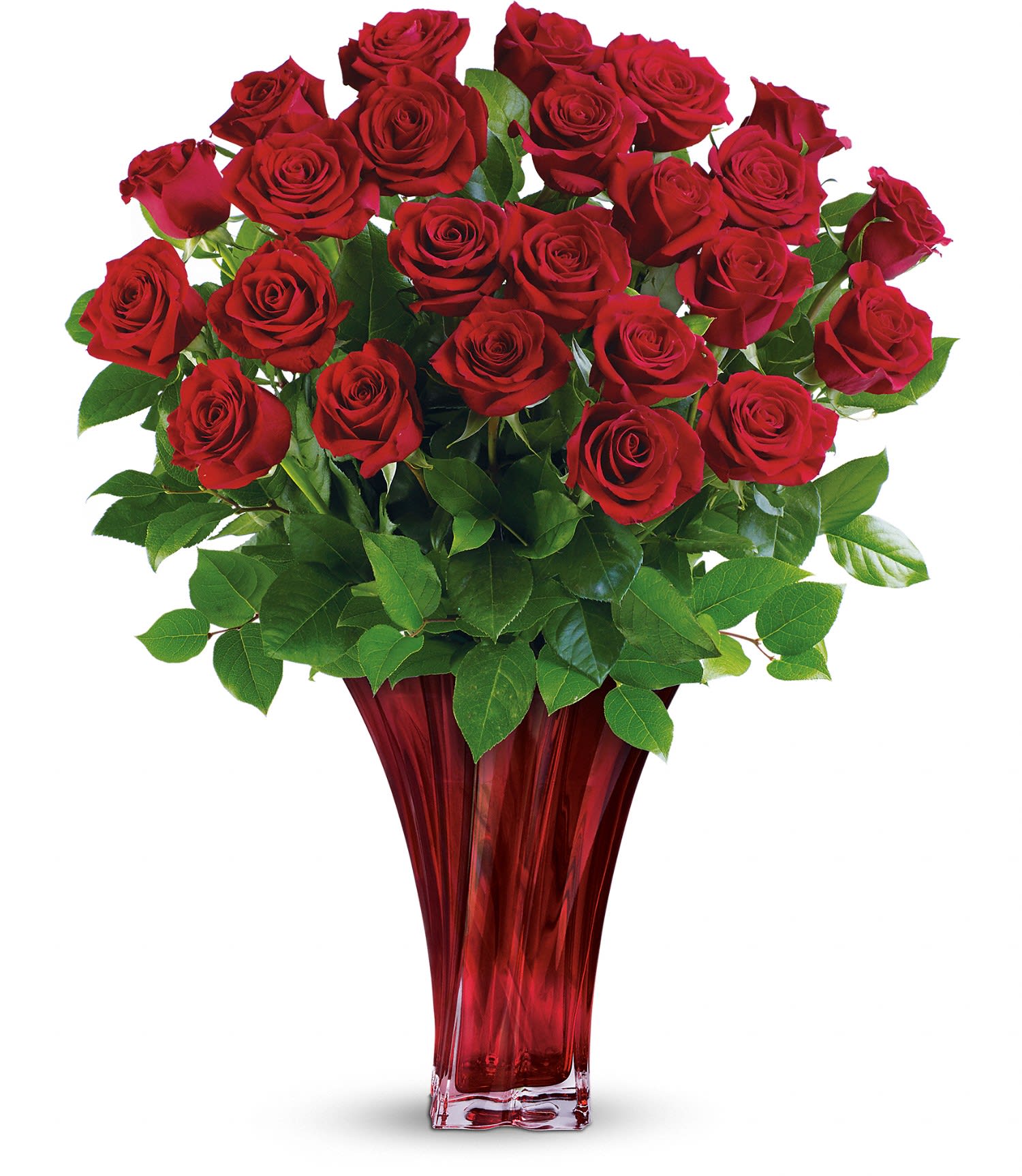 Red roses arranged in a tall red glass vase