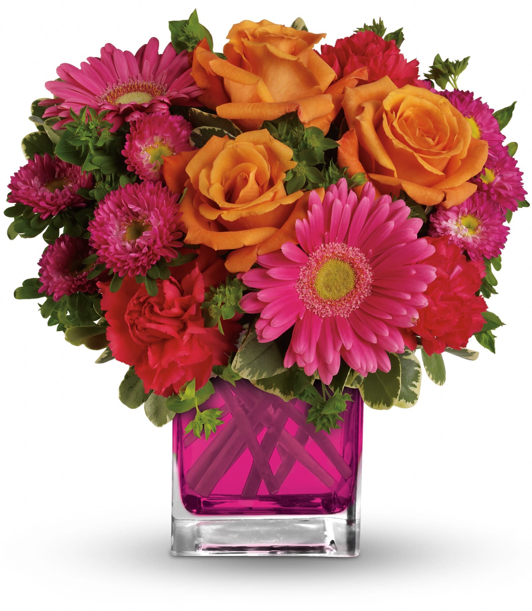 Turn Up The Pink - Turn up the heat with this hot pink, haute couture creation! Super chic and oh-so-fun in its fuchsia Cube vase, this girly mix of gerberas and roses is sure to warm her heart.  This brilliant bouquet of lush orange roses, hot pink gerberas, carnations and matsumoto asters are accented with bupleurum and variegated pittosporum. Delivered in a glass Cube.  Approximately 11" W x 11" H