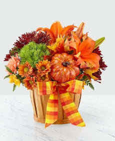 Autumn Celebration Basket - Nothing says fall quite like our Autumn Celebration Basket. Filled with orange lilies, green trick dianthus, orange carnations, fall pompons and a seasonal pumpkin pic, this arrangement comes in a wooden basket they can use time and time again for any occasion. Whether this is sent to a loved one or a treat for yourself, this gift is sure to bring a smile wherever its placed. 