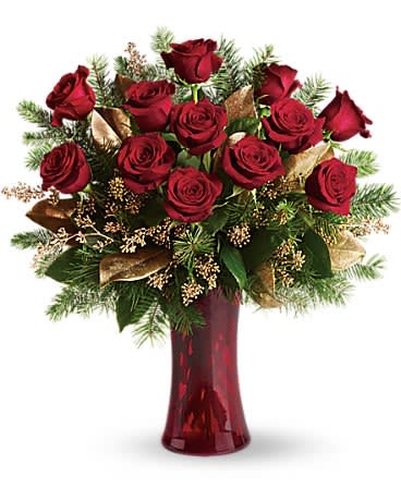 A Christmas Dozen Bouquet - Dazzling and delightful. A dozen red roses make a dashing holiday gift, especially when they are arranged with brilliant holiday touches and delivered in a ruby red vase.  Twelve beautiful rose blossoms mix with salal, eucalyptus and golden fir branches in a radiantly red glass vase.  SUBSTITUTION POLICY – Always deliver the freshest flowers! Please note the bouquet pictured reflects our original design.  If the exact flowers or container in this arrangement are not available, we will create a beautiful bouquet with the freshest available flowers.