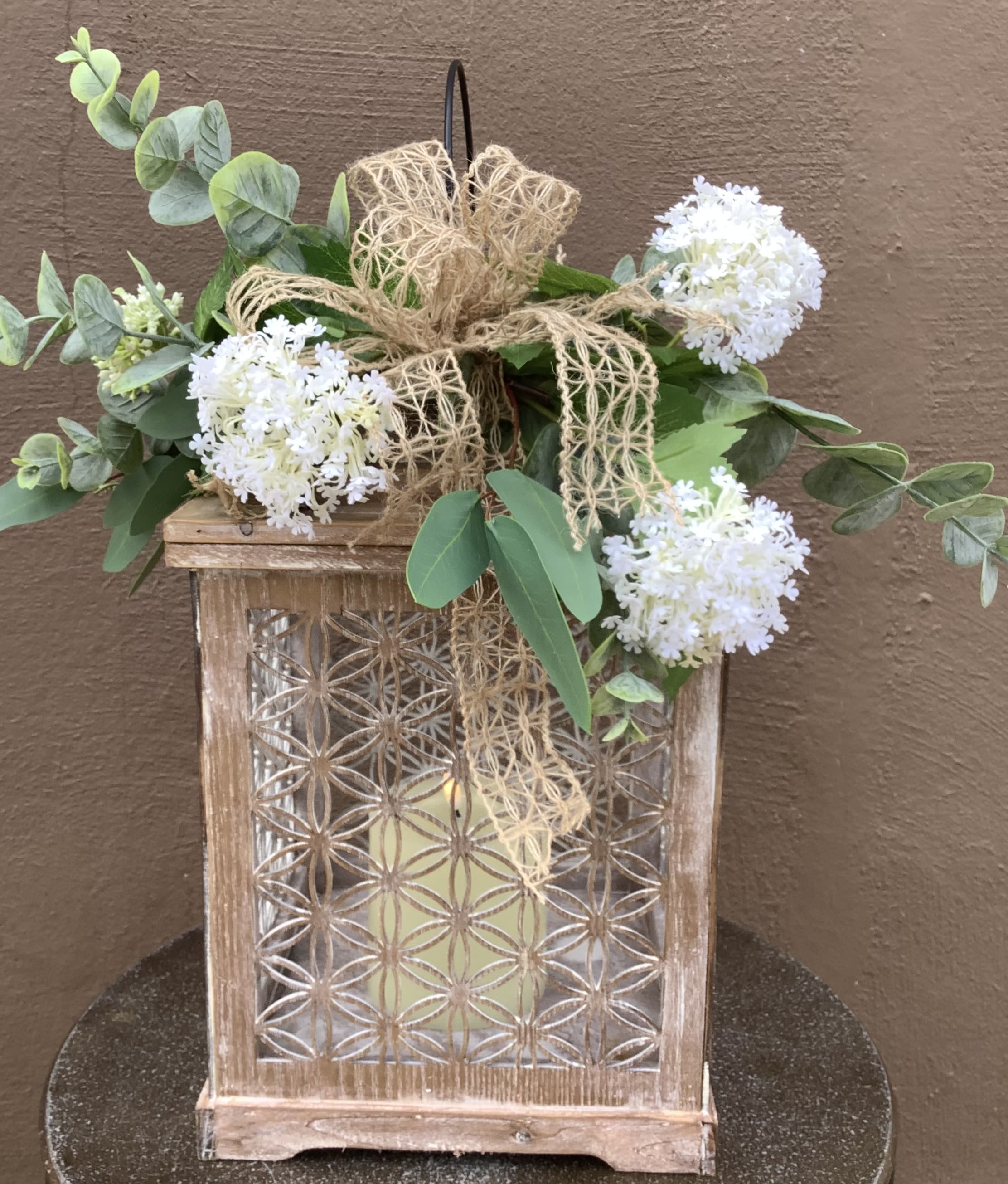 Lovely Lantern - Wood lantern with a rustic accent on the handle and battery LED candle with remote. 