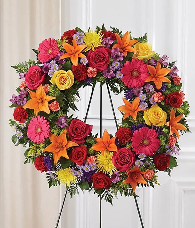 Vibrant Standing Wreath - Bright &amp; vibrant colors stand out on this open wreath. Easel included.