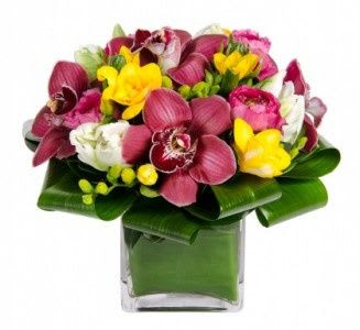 Bouquet of pink, yellow, and white orchids in a square glass vase