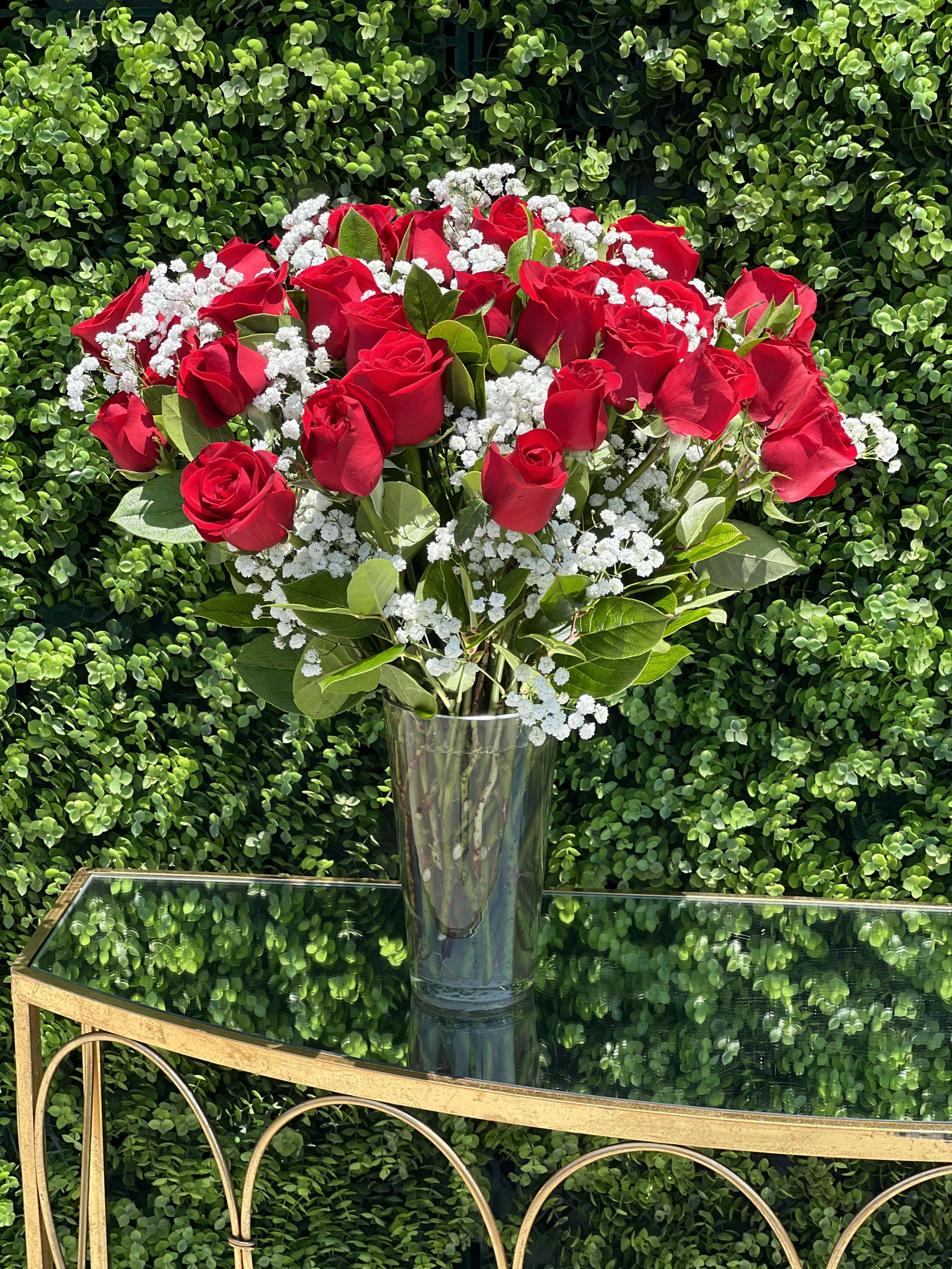 2 dz red roses - 24 red roses in our cone vase with baby’s breath , lush 