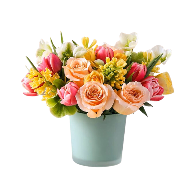 Bright spring Market Arrangement - Spring is here , Tulips , Hyacinth , garden roses . Some items in arrangement may not be available due to market conditions. We will make sure the arrangement sent will have the same feel , and color composition 