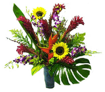 Tropical Sunlight - Tropical flowers as shown arranged in a vase. The quantity of flowers increase with Deluxe and more for Premium. 