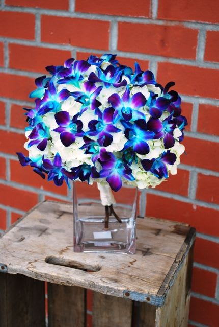 Blue and white bride bouquet - Blue orchids and white Hydrangeas Bride bouquet