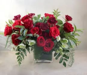 Red rose arrangement in a square vase with trailing greenery
