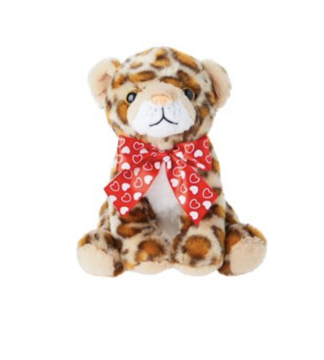 Plush leopard-print teddy bear with a red heart-patterned bow