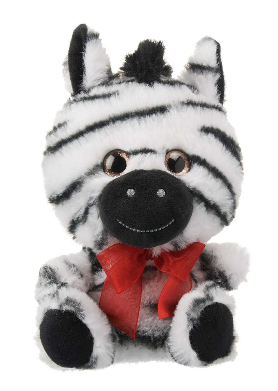 Plush zebra toy with a red bow on a white background
