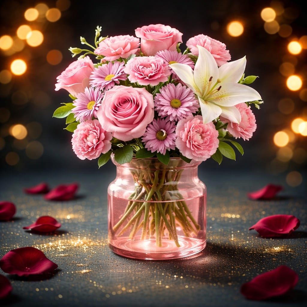 Pink flowers in a glass vase with a white lily