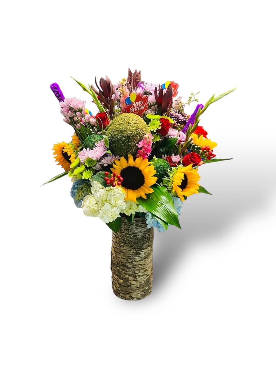 Big bold, beautiful autumn - This is a large bold, beautiful autumn arrangement made in a cylinder vase covered in birch bark