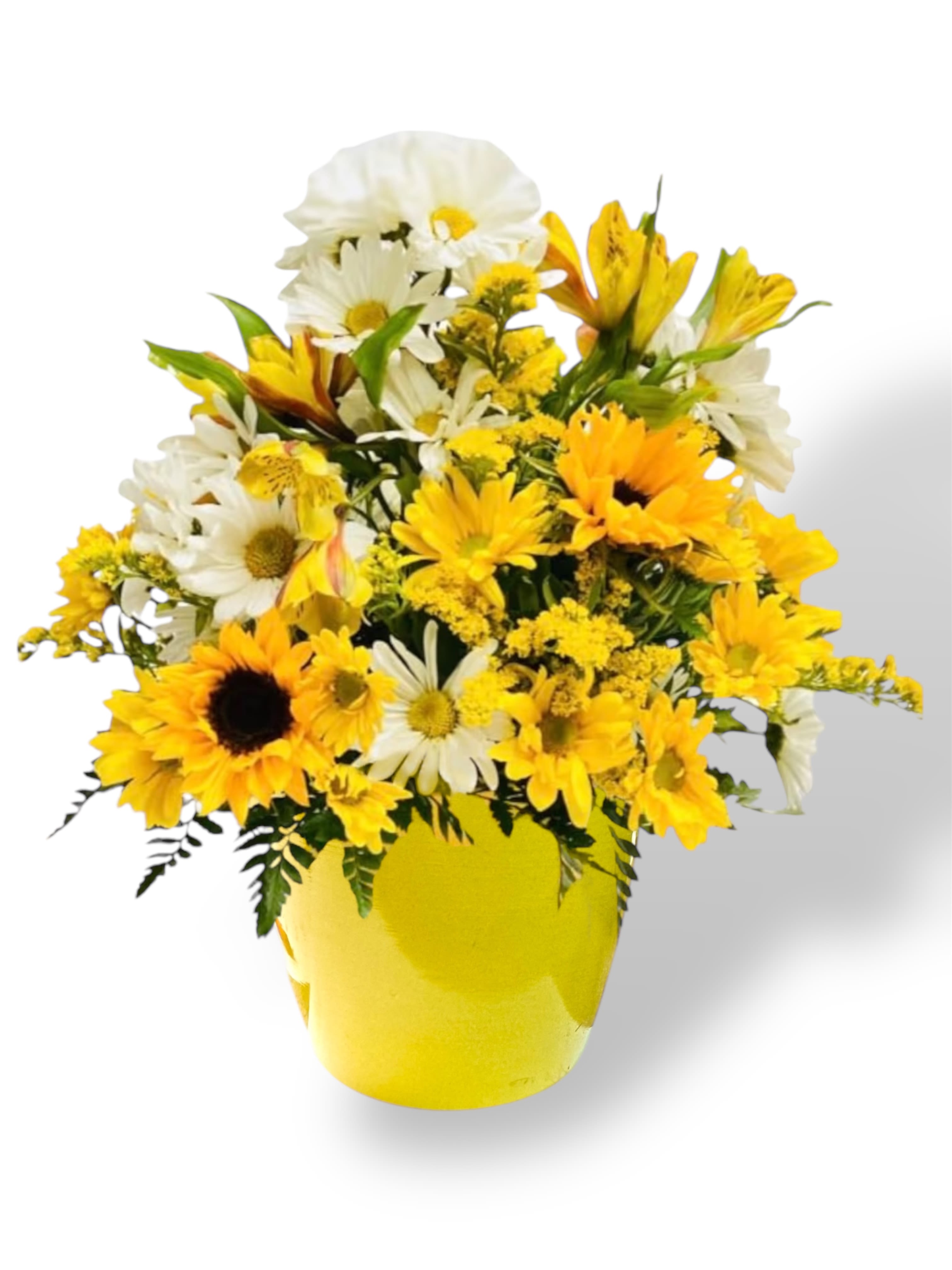 Yellow and white mixed bouquet in a yellow vase