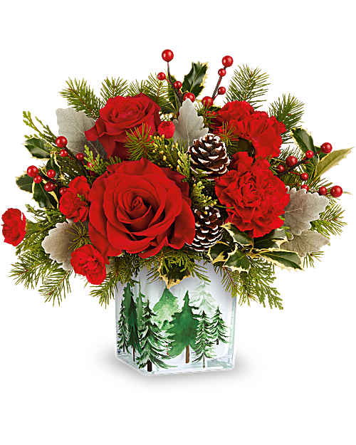 Red roses and carnations in a winter vase with pinecones