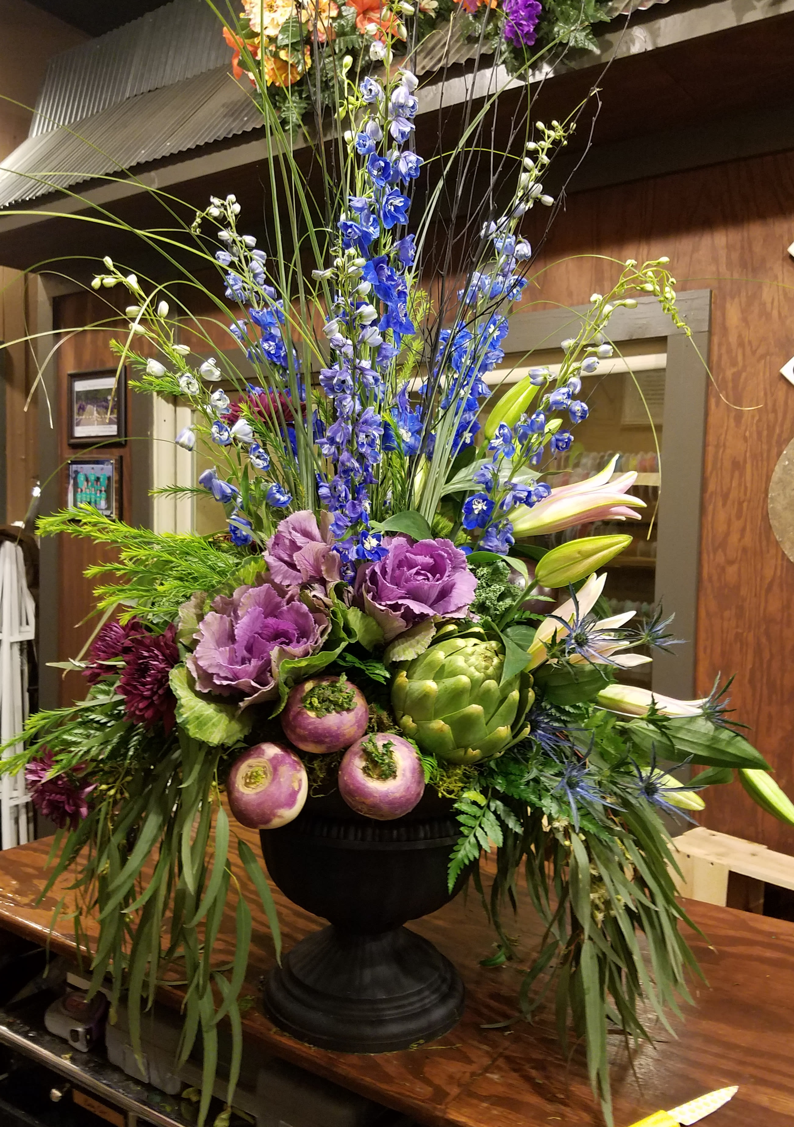 Vegetable Garden of Lavenders - A uniquely large arrangement in a bowl with a variety of vegetables in lavenders, purples and blues. 