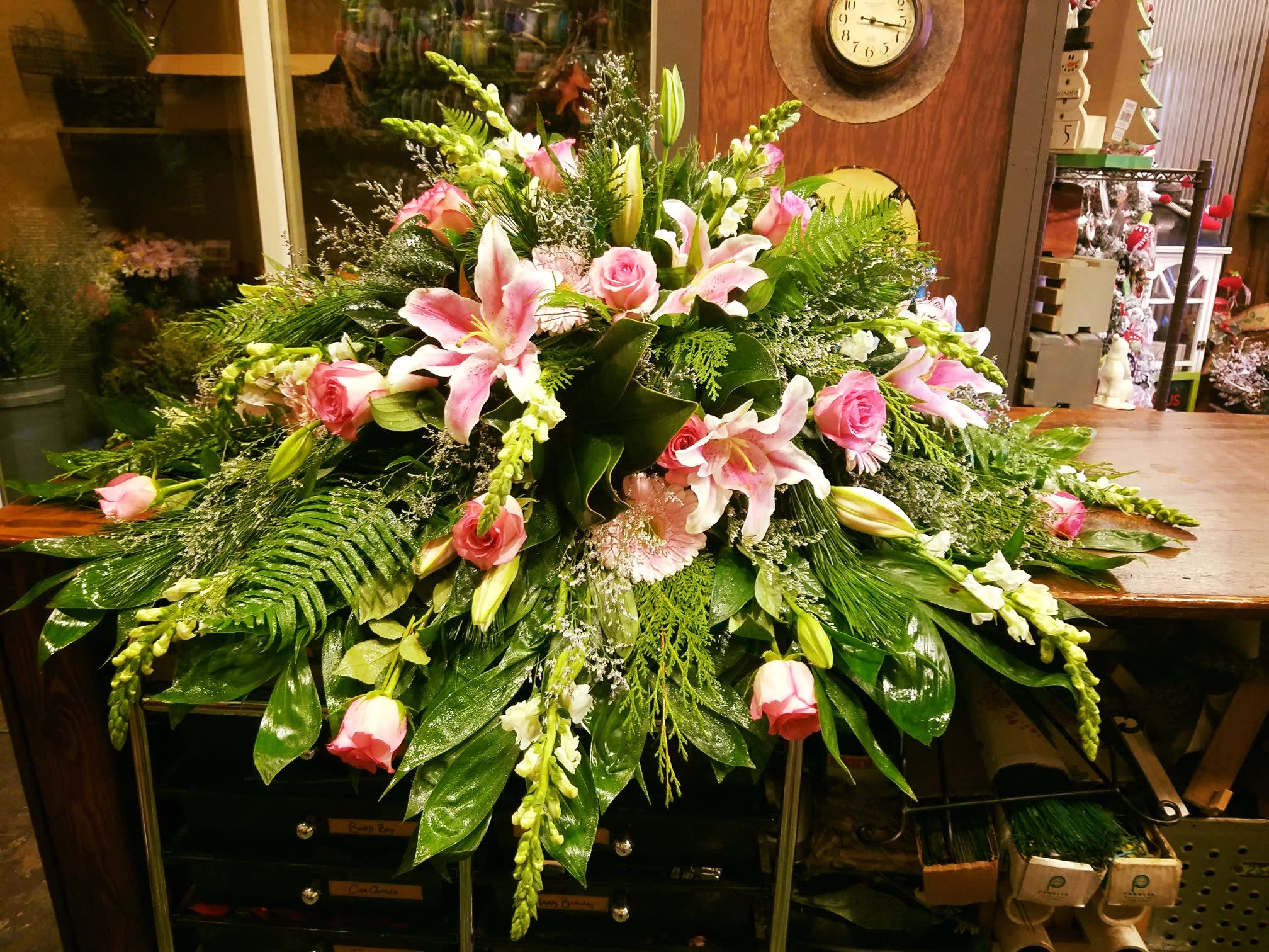 Large pink and white floral spray with lilies and roses