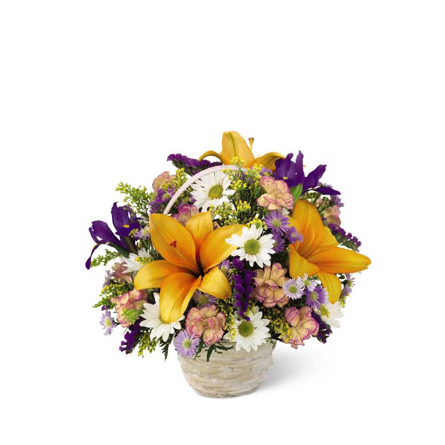  Natural Wonders Bouquet - This garden basket is a display of the bright colors of nature. Arrangement includes lilies, iris, daisies and more.