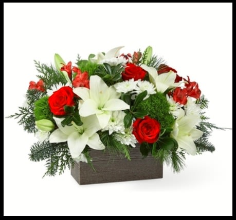 Holidays Greetings  -  An artful collection of white cushion pompons and Asiatic lilies with contrasting red roses and alstroemeria makes those precious moments this season all the more special. They all arrive in a rustic, weathered wooden rectangular box.  ITEM #18-C15S