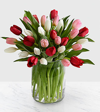 Here in My Heart Tulip Bouquet - 20 Stems- VASE INCLUDED - Picked fresh from the farm, the Here in My Heart Tulip Bouquet is a jubilant expression of the romance and love of the Valentine season! Celebrate the day with our finest tulips in shades of pink, red and white, seated in a clear glass vase creating a dazzling bouquet that showers them with your affection. BETTER bouquet includes 20 stems with vase. Bouquet is approximately 17"H x 13"W.