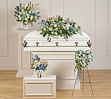 Funeral Package  B  - Featuring four hand-made sympathy pieces, this breathtaking collection of sky blue and pure white blooms is a touching tribute to your tender memories. Save money buying by combo  Colors combination change available 