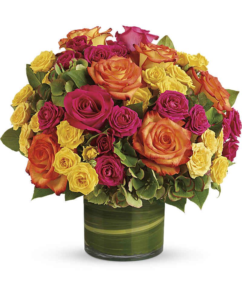 Blossoms in Vogue - High-fashion flowers for the style-minded! This modern presentation of multicolored roses and green hydrangea has a tropical feel thanks to the hot color palette and the aspidistra leaves in the vase.