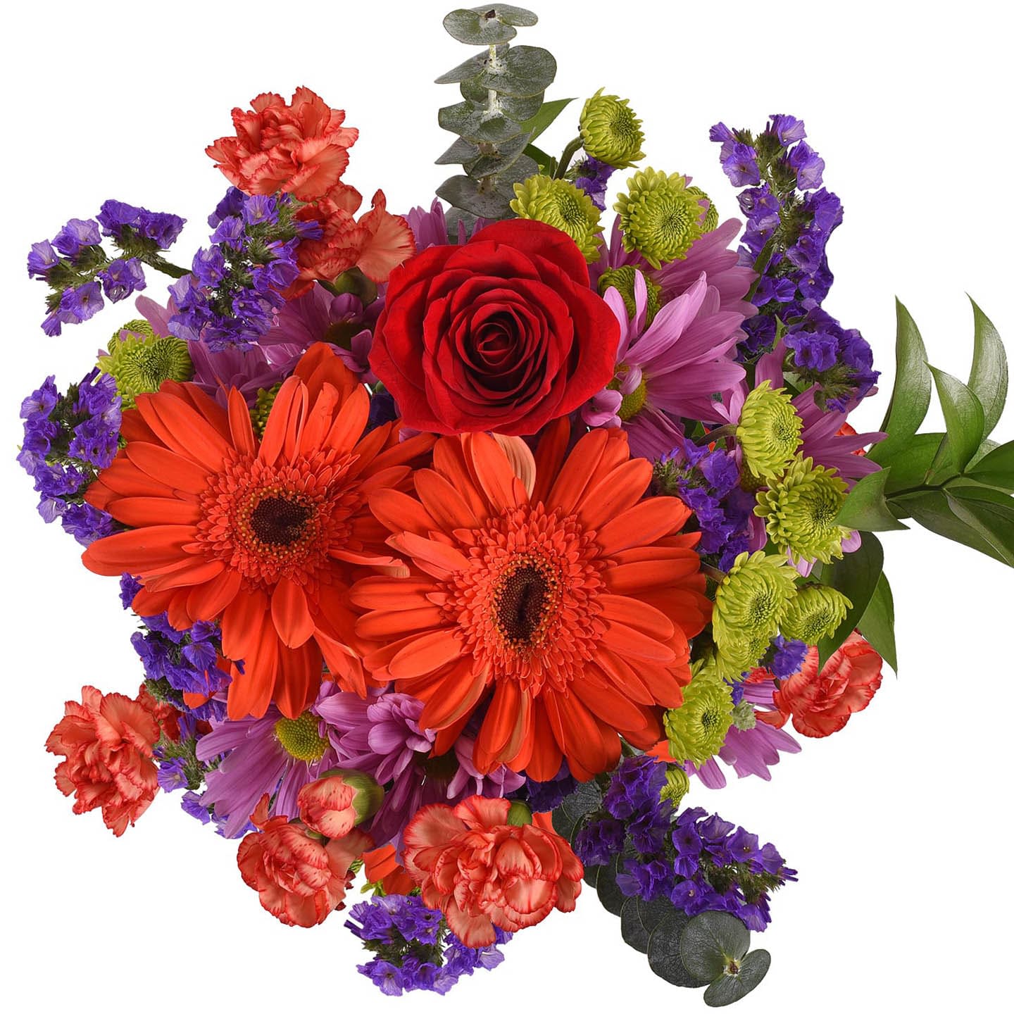 Bright mixed bouquet with orange gerbera daisies, red rose, purple blooms, and green button mums.