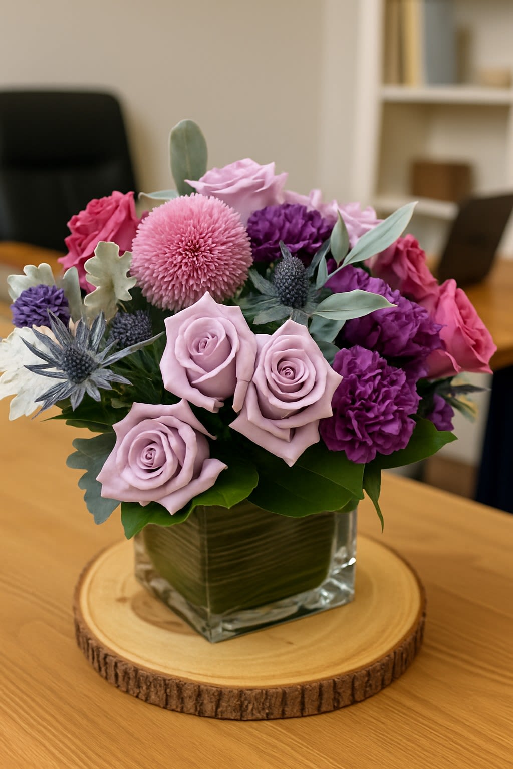 Compact arrangement of pink and purple flowers in a square glass vase on a wood slice.