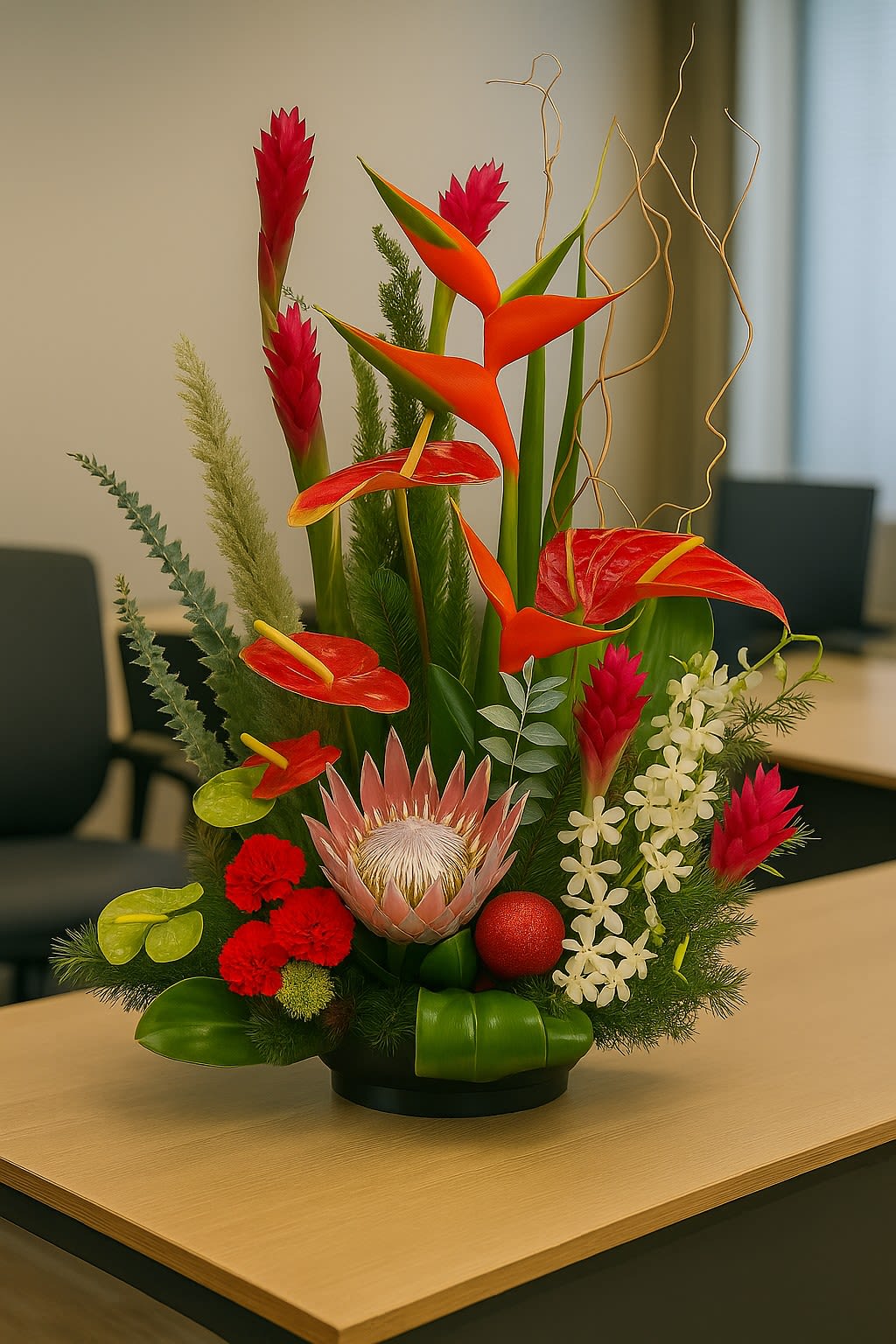 Tall tropical arrangement with red, orange, and white flowers in a low black container on a table