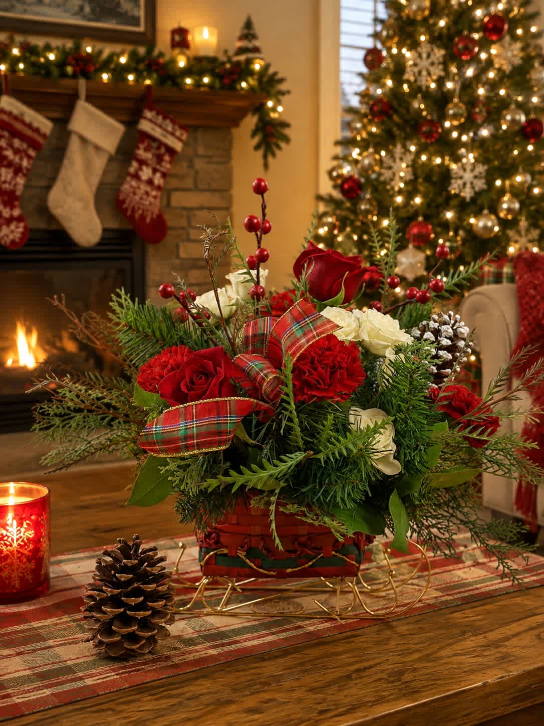 Christmas bouquet with red and white flowers in a basket, decorated with plaid ribbon