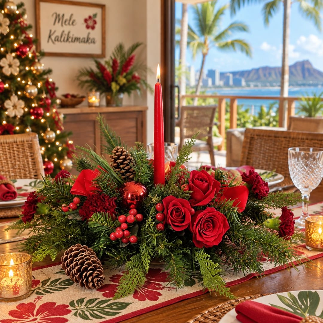Red rose centerpiece with a tall candle, pinecones, and holiday greenery