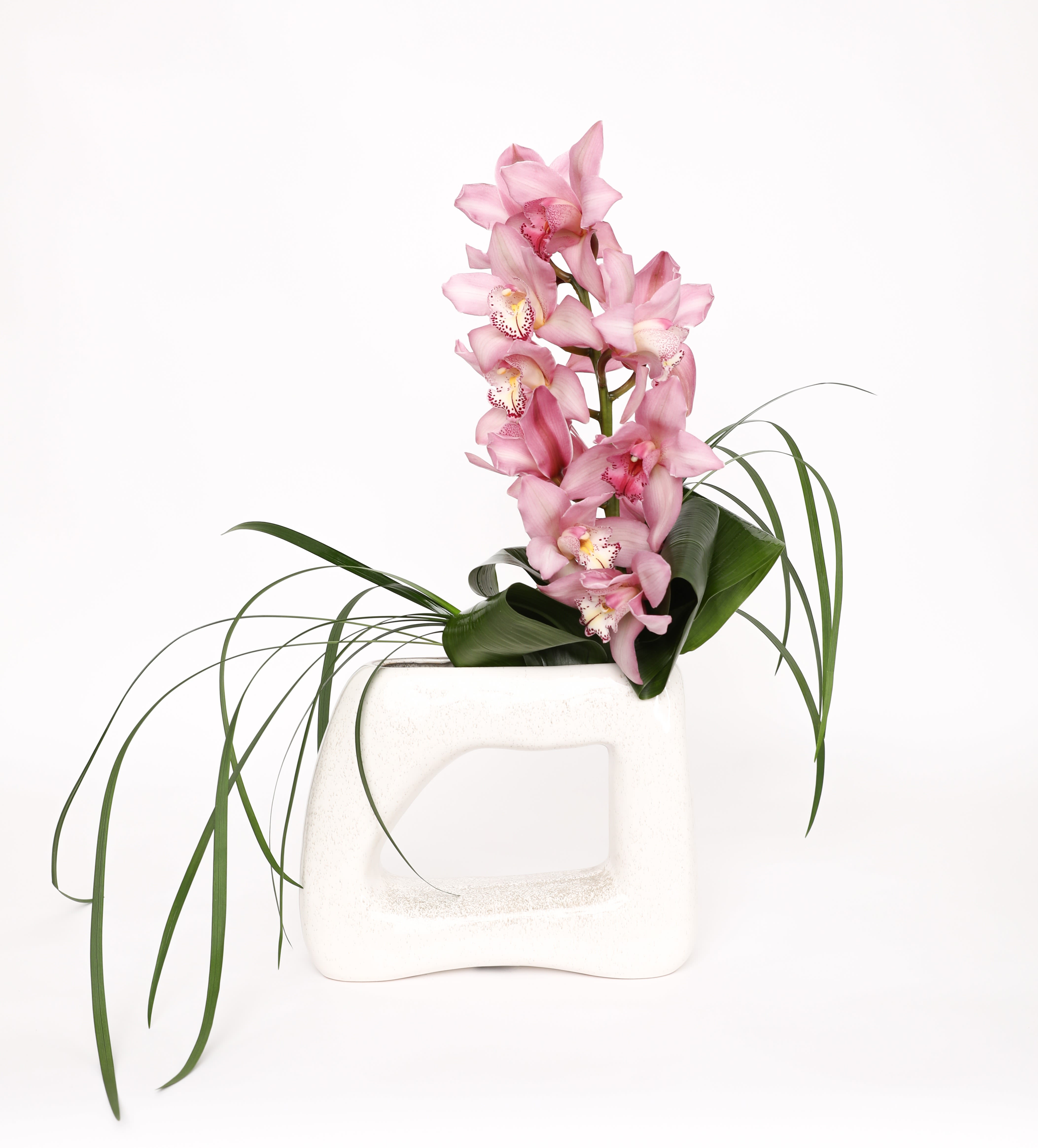 Pink orchid stems arranged in a white ceramic vase with long grass-like leaves