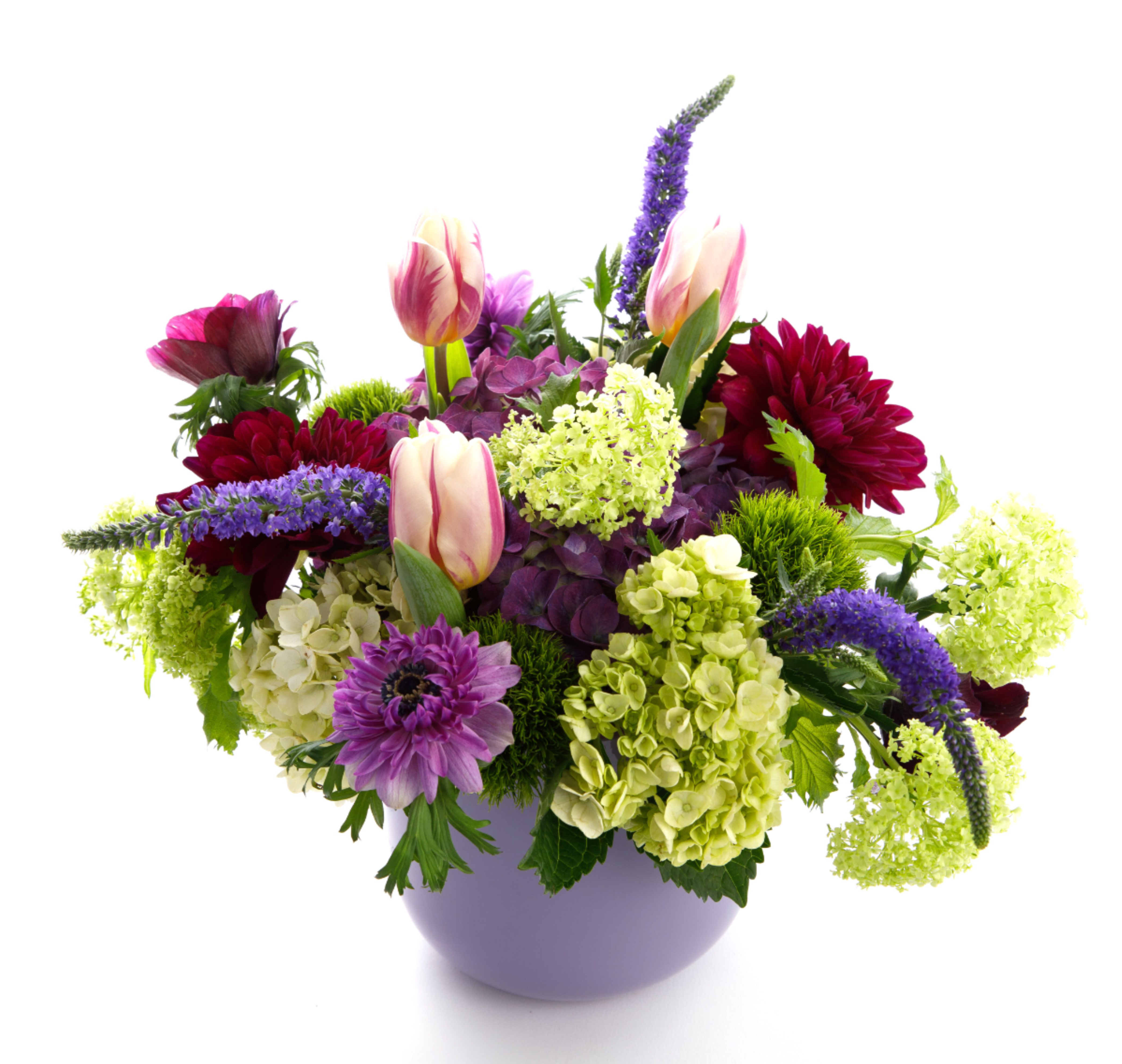 Purple Pleasure - This lavender glass vase is just darling with the mix of purple and green flowers. We picked tulips, anemone, hydrangea, dahlias, and veronica in purple. The green hydrangea, viburnum and trick accentuates all the varying purples.  