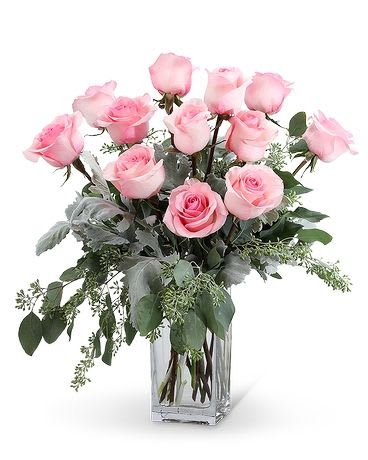 Dozen Pink Roses - Dozen pink roses arranged in a vase with greens and fillers! Perfect for Valentine's Day! 