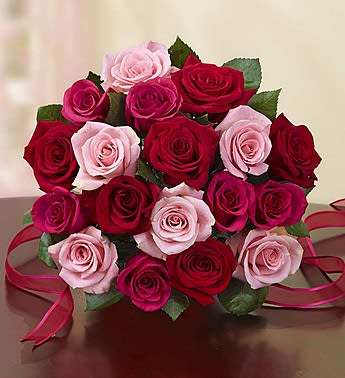 Bouquet of red and pink roses tied with ribbon