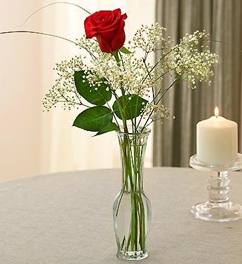 Single red rose in a glass vase with baby's breath and a lit candle