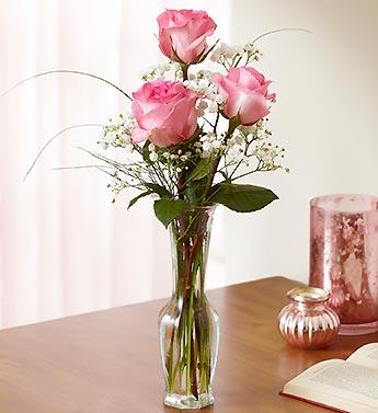 Pink roses arranged in a clear glass vase with baby's breath