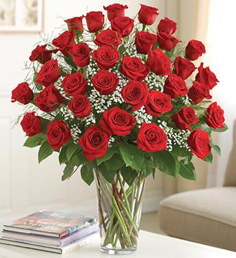 Bouquet of red roses in a clear glass vase
