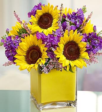 Sunflowers and purple flowers arranged in a yellow square vase