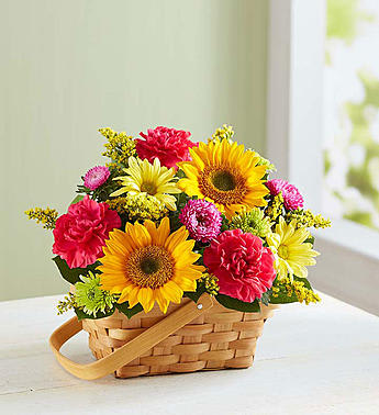 Basket of sunflowers, pink carnations, and yellow daisies