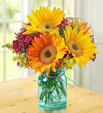 Sunflower bouquet in a blue glass mason jar