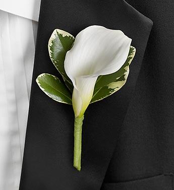 White calla lily boutonniere with green variegated leaves on a black suit