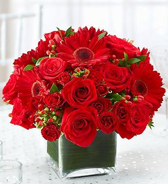 Red roses and gerbera daisies in a square glass vase