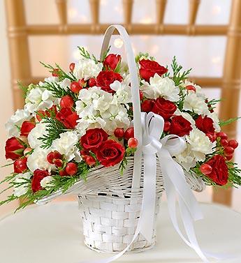 Red and white flower basket with a white ribbon
