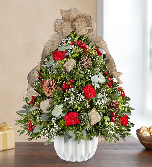 Christmas arrangement in a white vase with red flowers and pinecones