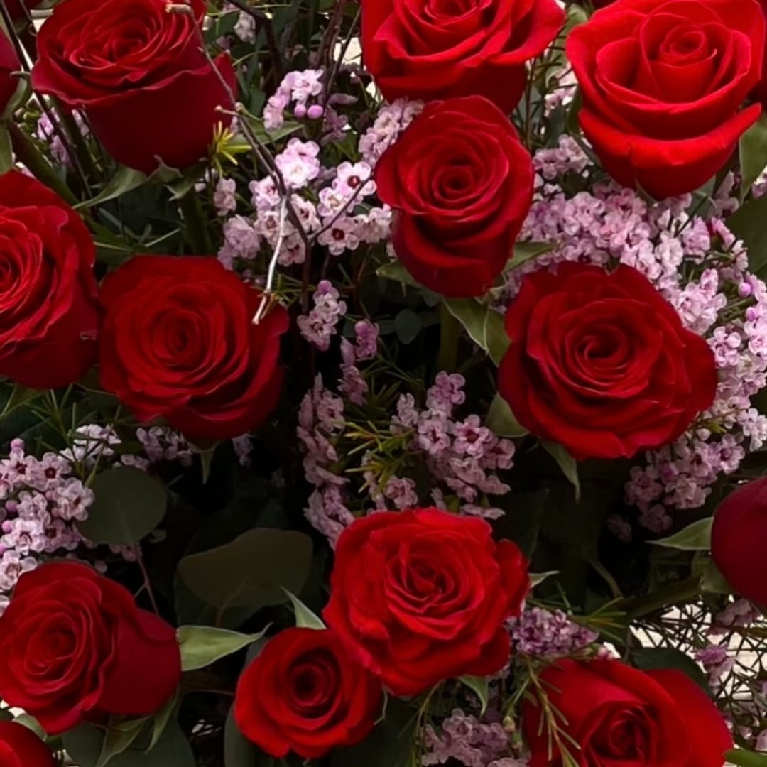 Close-up bouquet of red roses with small pink filler flowers