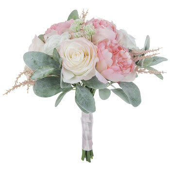 Bouquet of pale pink and white roses with eucalyptus