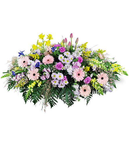 Large pastel floral spray with daisies and tulips