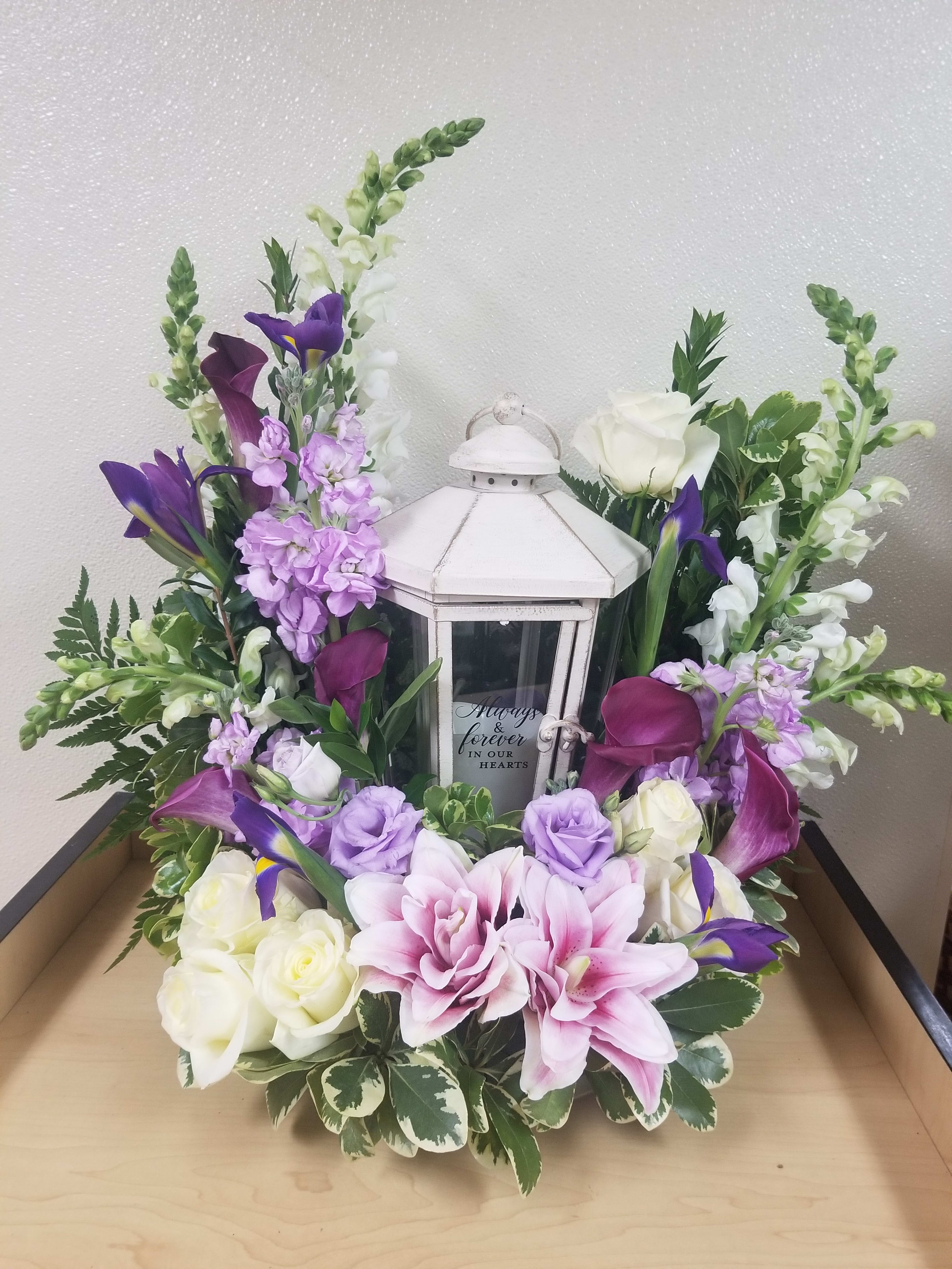Lavender &amp; White Flowers around Lantern - Mixed Fresh Flowers